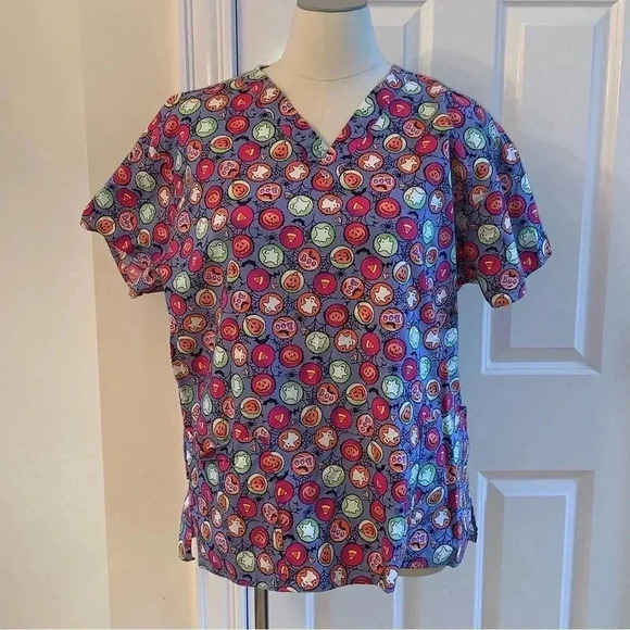 Dickies Scrub Top Purple Halloween Size XL Pumpkins Ghost  Cotton Uniform CNA VA - Picture 1 of 5